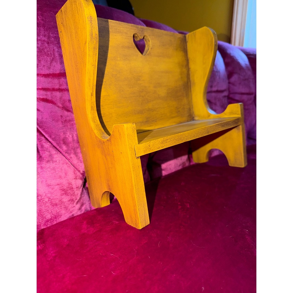 Vintage Style Wooden Miniature Bench Shelf Heart Cutout Mustard Distressed